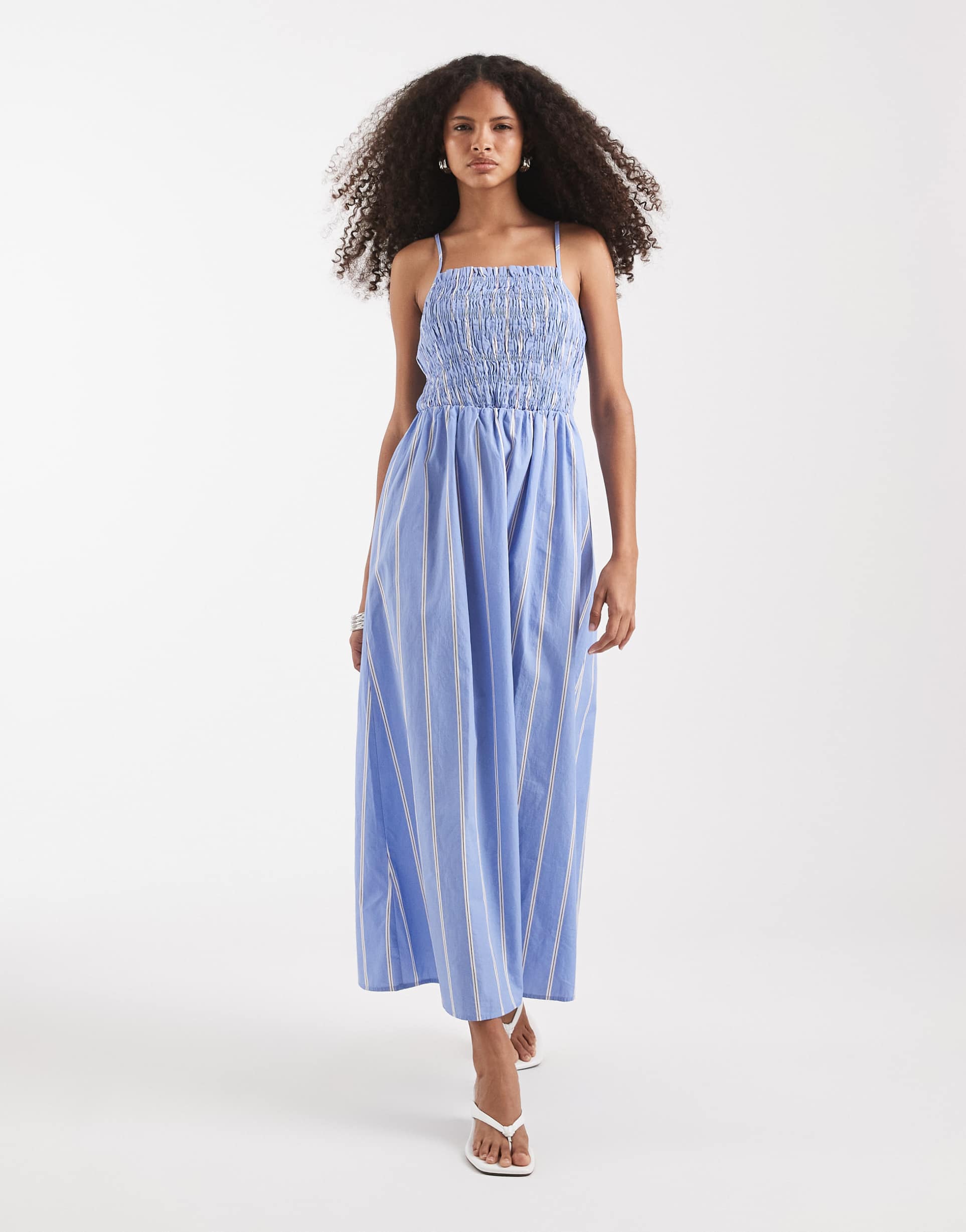 pieces ruched cotton cami midaxi dress in blue and white stripes