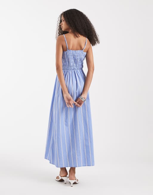 PIECES ruched cotton cami midaxi dress in blue and white stripes, 4 of 4