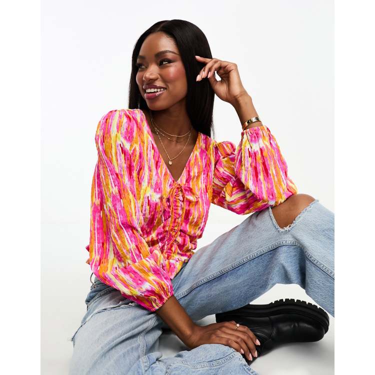 Pieces ruched front frill detail top in pink & orange graphic