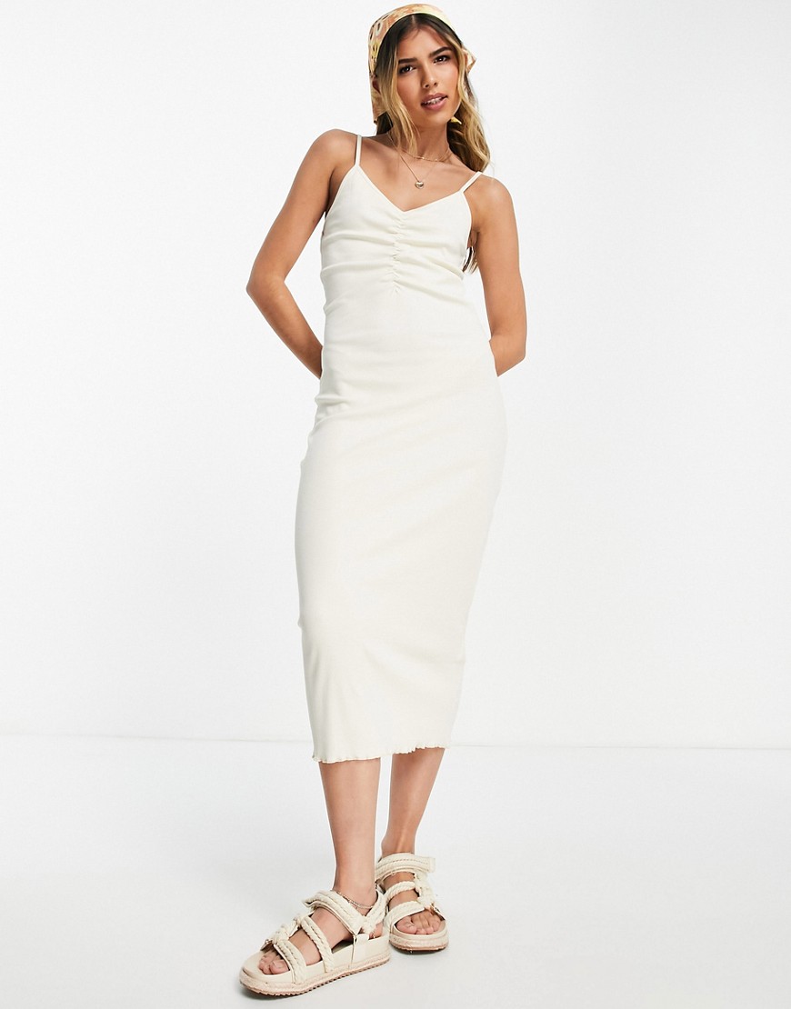 Pieces ruched front strappy midi dress in cream-White