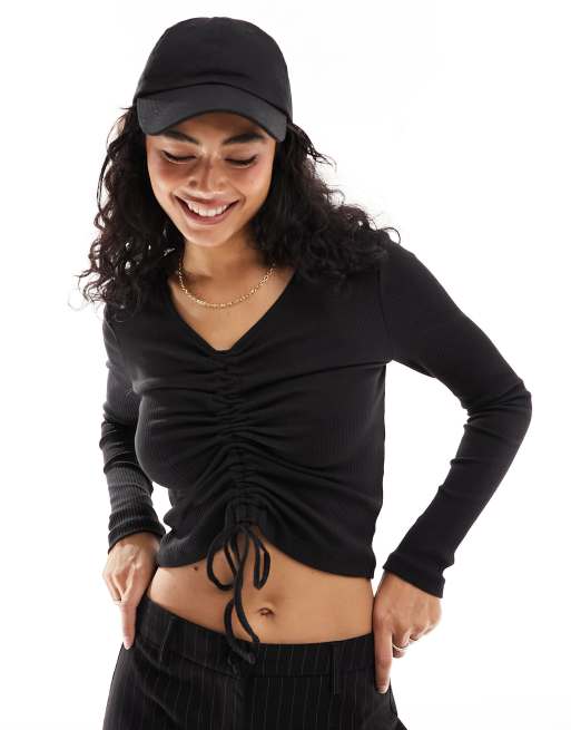 Pieces ruched front top in black