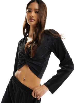 ruched front v-neck plisse top in black - part of a set