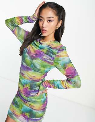 Pieces ruched mesh mini dress in mixed space dye