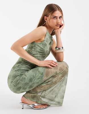 Pieces ruched midi dress in sage green floral print