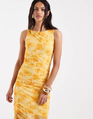 Pieces ruched midi dress in yellow floral print