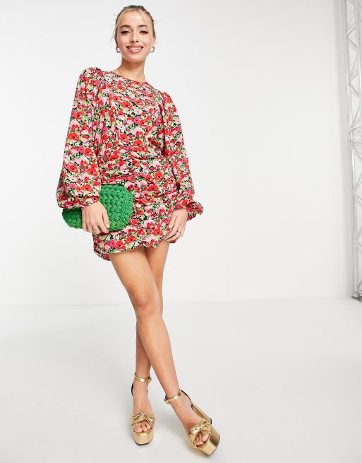 Pieces ruched mini dress in bright pink and red floral