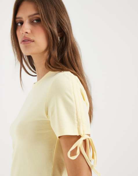 PIECES ruched shoulder t-shirt in pastel yellow - view 1