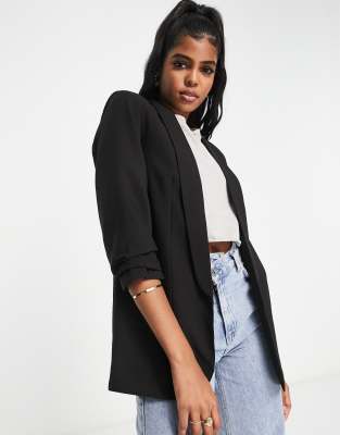 Pieces ruched sleeve blazer in black