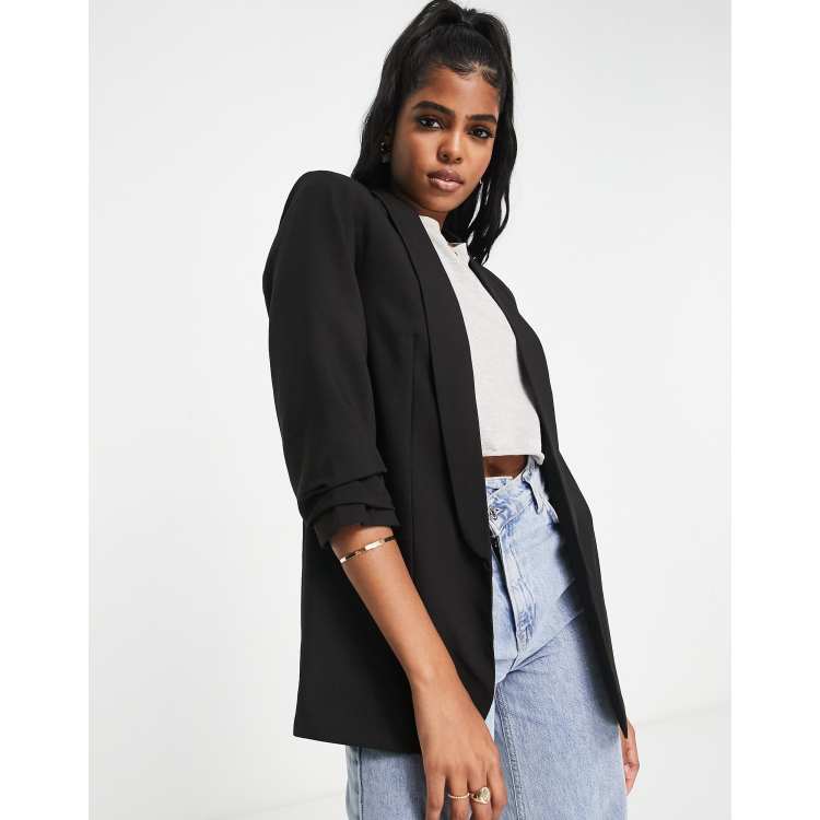 Black blazer with ruched sleeves hotsell