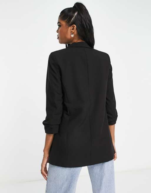 Pieces ruched sleeve blazer in black