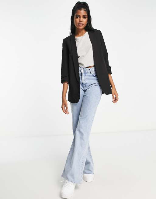 Pieces ruched sleeve blazer in black