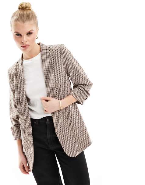 Pieces ruched sleeve blazer in check - view 1