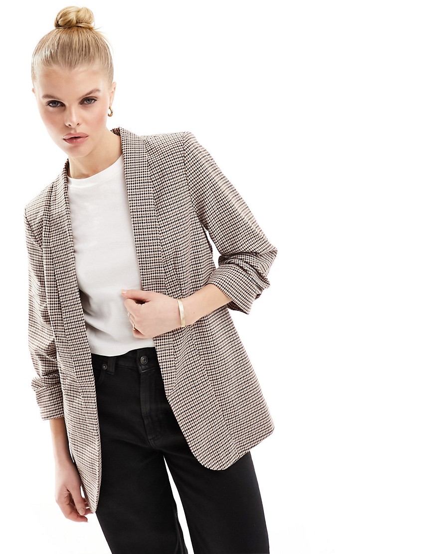 Pieces ruched sleeve blazer in check-Multi