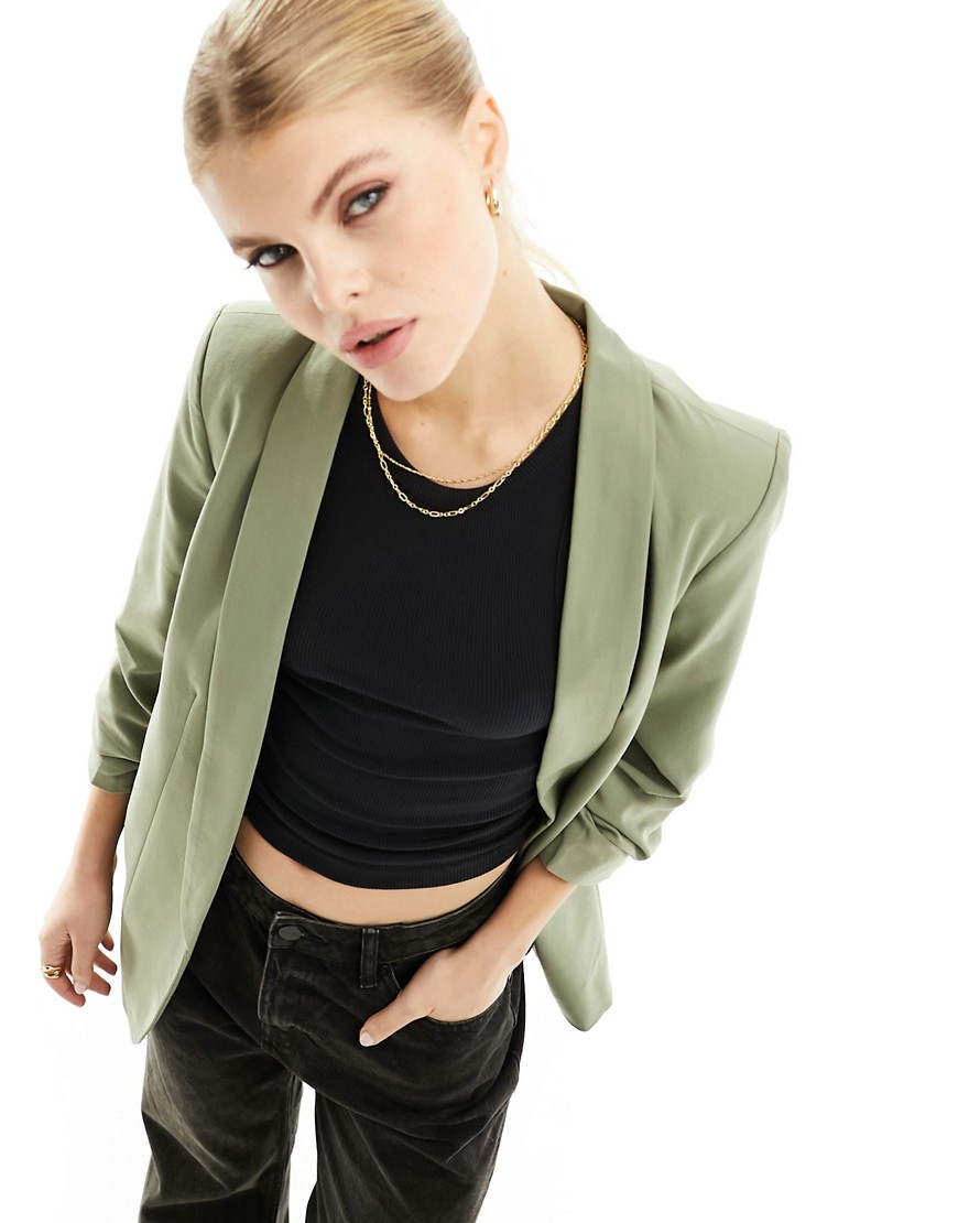 Pieces ruched sleeve blazer in khaki-Green