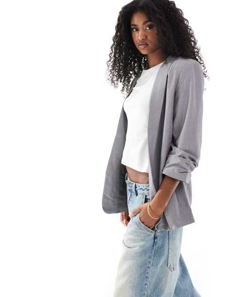 Pieces ruched sleeve blazer in light gray melange - view 1