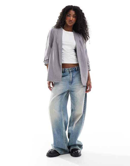 Pieces ruched sleeve blazer in light grey melange, 2 of 4