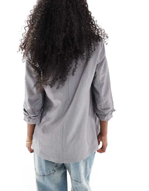Pieces ruched sleeve blazer in light grey melange, 3 of 4