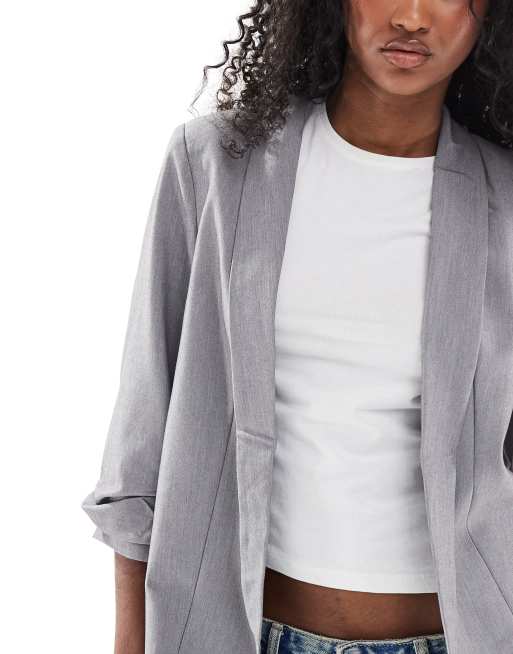Pieces ruched sleeve blazer in light grey melange, 4 of 4