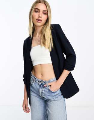 Pieces ruched sleeve blazer in navy