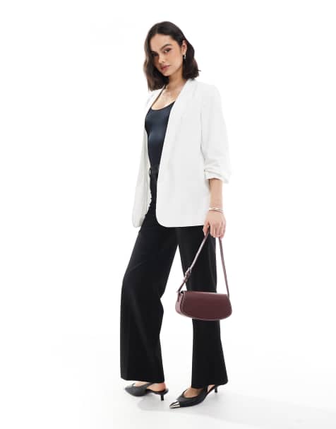 Pieces ruched sleeve blazer in white - view 1