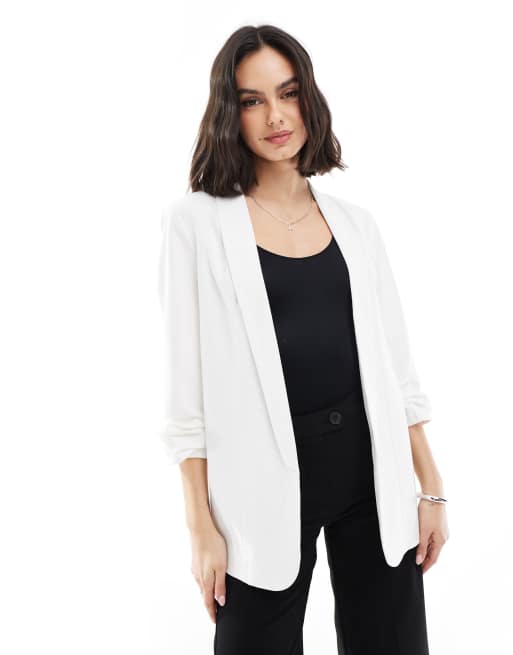 Pieces ruched sleeve blazer in white