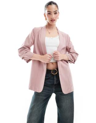 ruched sleeve blazer in woodrose pink