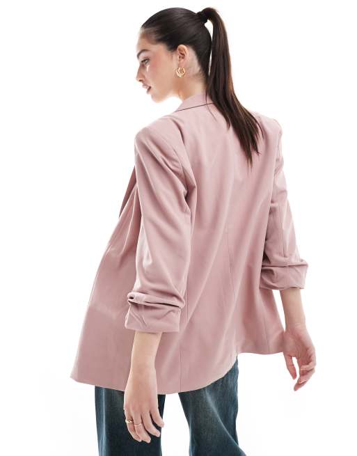 Pieces ruched sleeve blazer in woodrose pink, 4 of 4