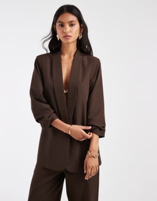 Pieces Ruched Sleeve Tailored Blazer In Brown