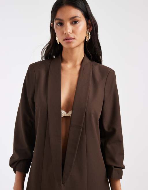 PIECES ruched sleeve tailored blazer in chocolate brown, 3 of 4
