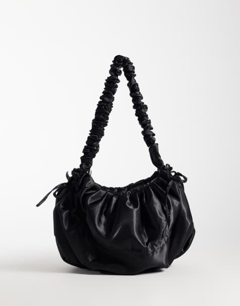 Pieces ruched tie detail satin shoulder bag in black - view 1