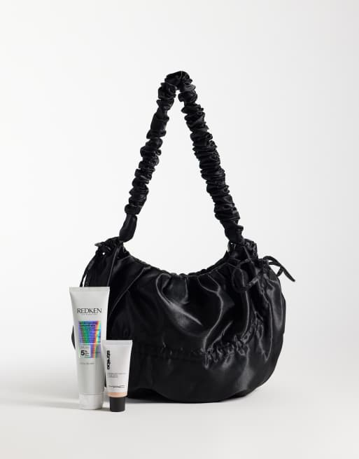 Pieces ruched tie detail satin shoulder bag in black, 2 of 4