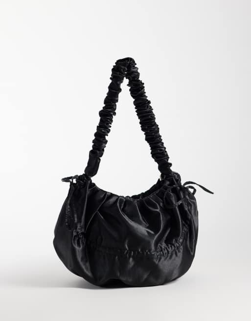 Pieces ruched tie detail satin shoulder bag in black, 4 of 4