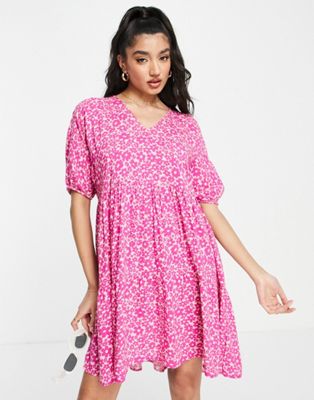 Pieces Exclusive V Neck Smock Dress In Pink 70s Floral-multi | ModeSens