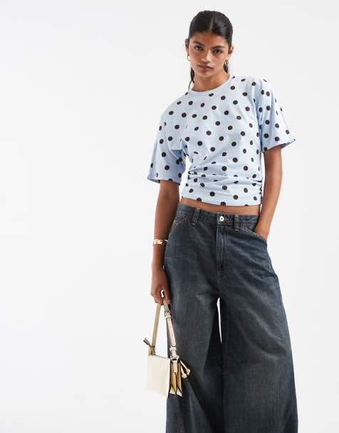 PIECES ruched waist polka dot jersey top in blue and brown - view 1