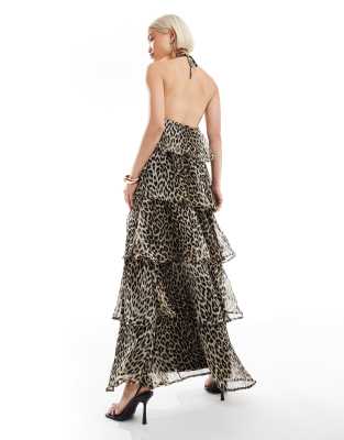 Pieces ruffle tiered maxi dress with corsage detail in leopard print