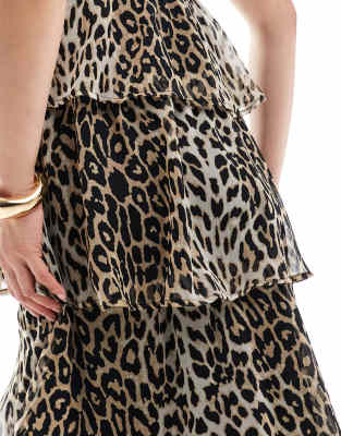 Pieces ruffle tiered maxi dress with corsage detail in leopard print