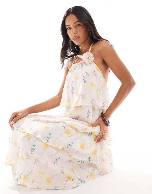 Pieces ruffle tiered maxi dress with corsage detail in pale pink floral print