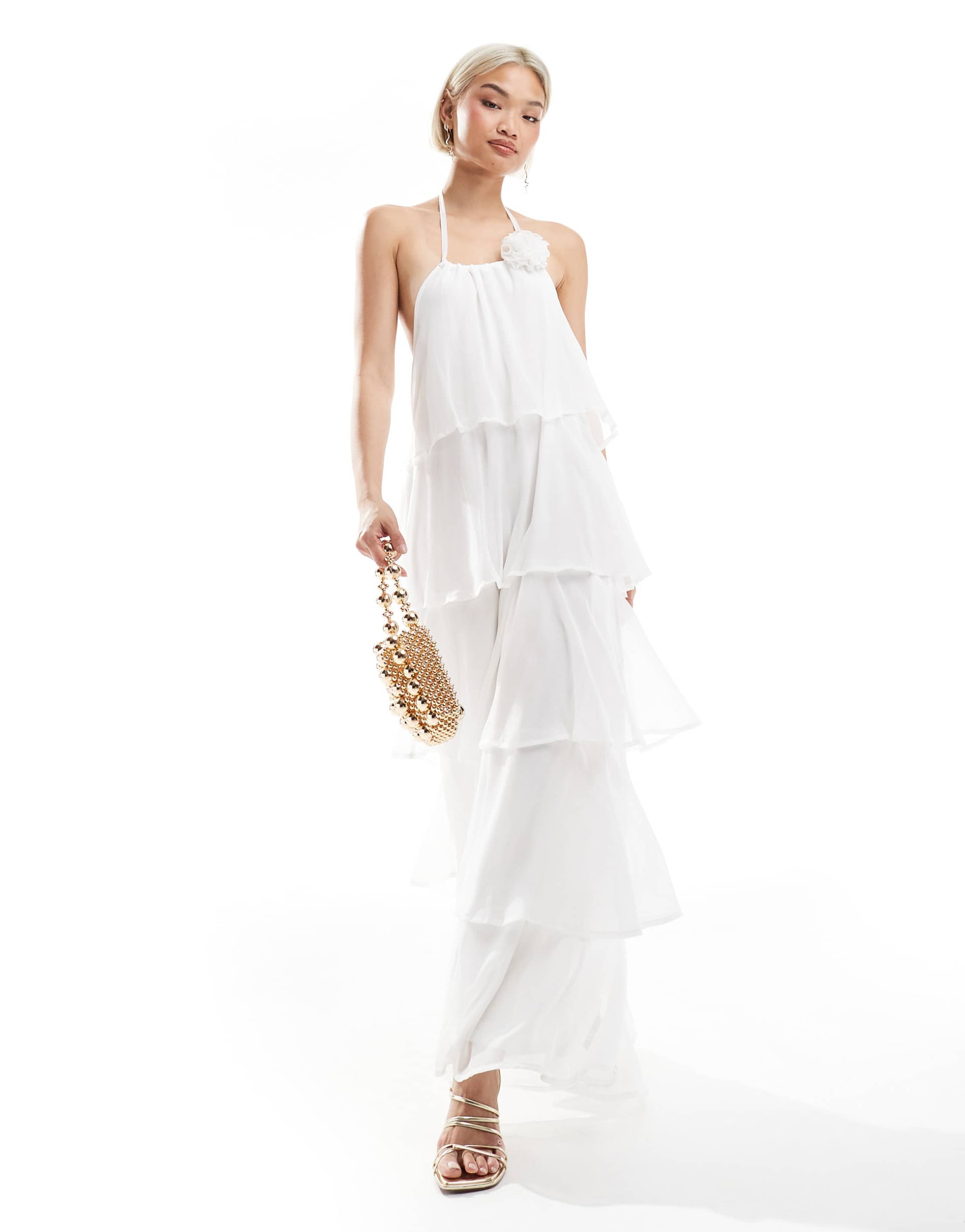 pieces ruffle tiered maxi dress with corsage detail in white