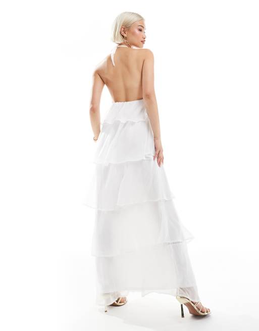 Pieces ruffle tiered maxi dress with corsage detail in white