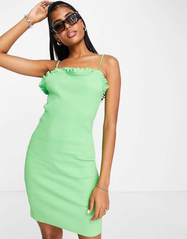 Pieces ruffle trim ribbed cami mini dress in green