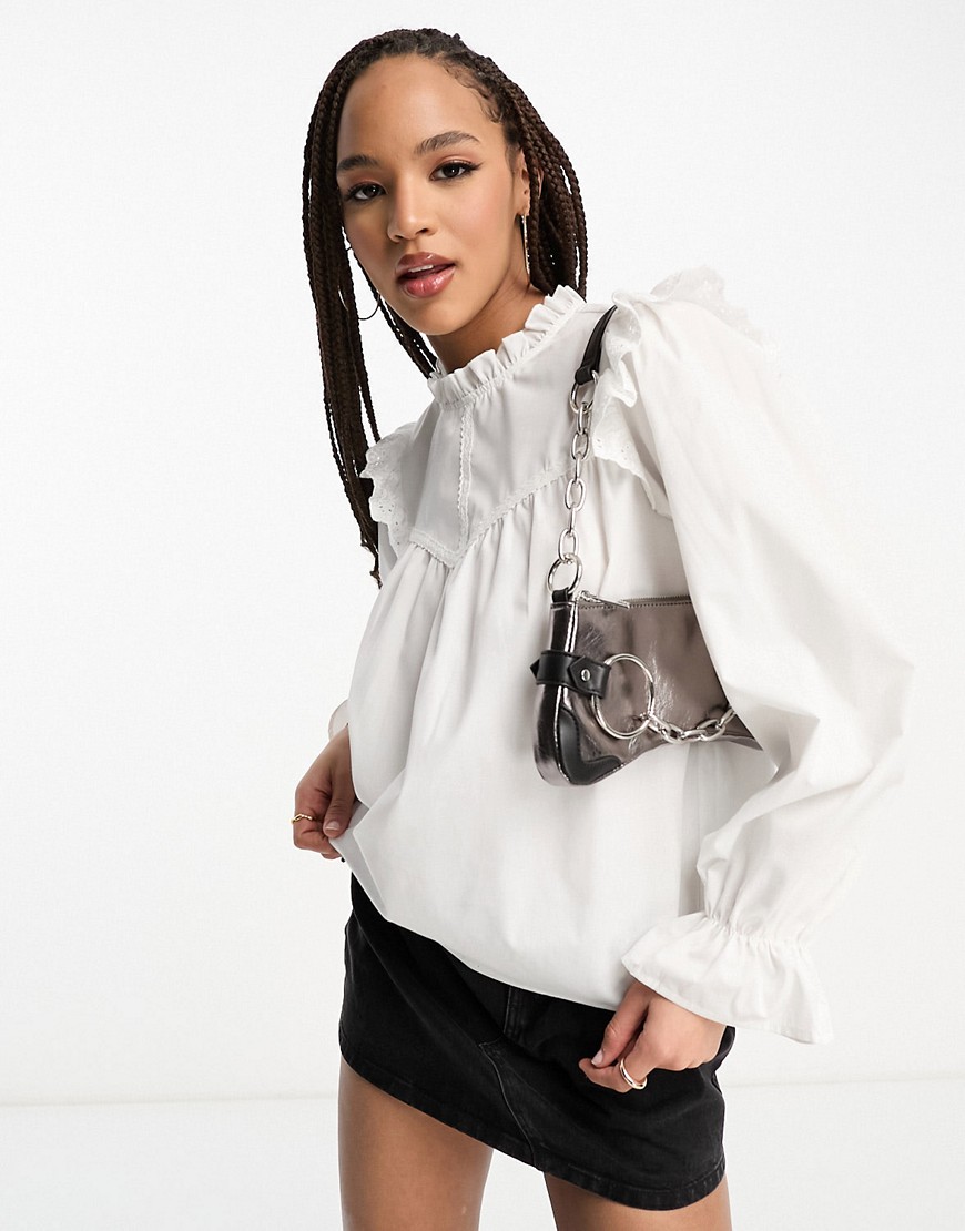 Pieces ruffled smock blouse in white