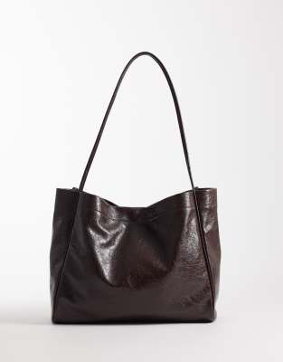 Pieces - Sac en similicuir verni effet froissé - Marron chocolat-Brown