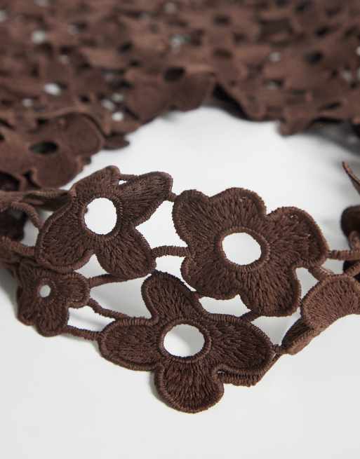 Pieces - Sac souple en dentelle fleurie - Marron chocolat, 3 de 4