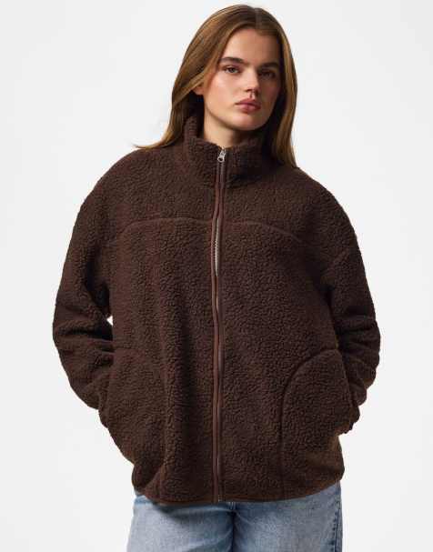 Pieces Sadia teddy spread collar drop shoulder jacket in brown - view 1