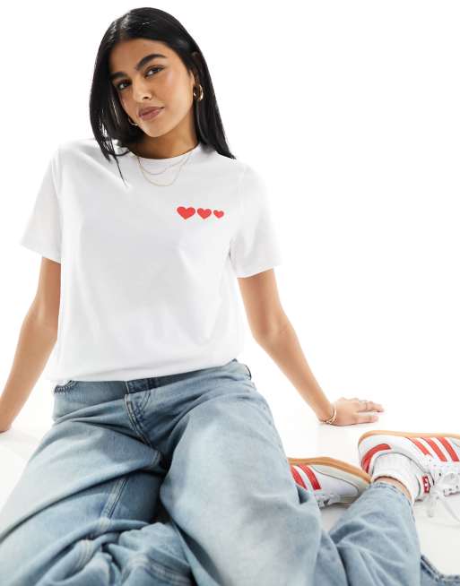 Pieces - Saint-Valentin - T-shirt avec cœurs - Blanc