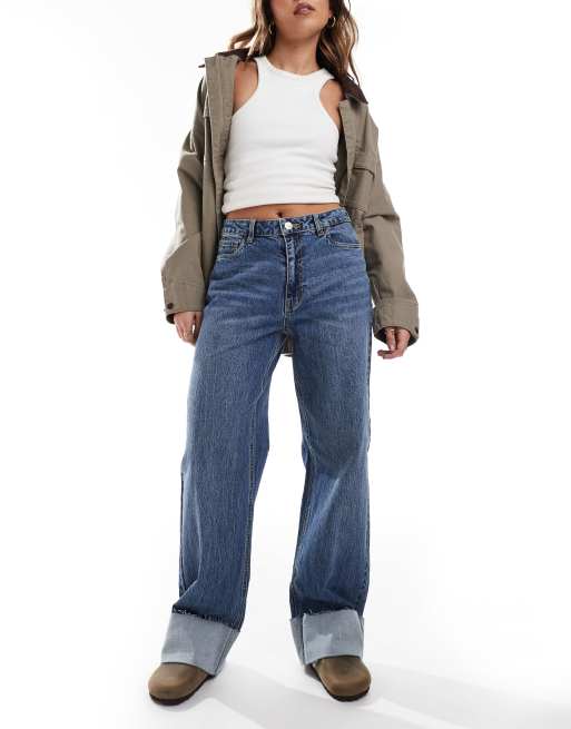 Pieces - Sally - Jeans met wijde pijpen en omslag in middenblauw denim