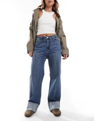 Pieces Sally wide leg jeans with turn up in medium blue denim