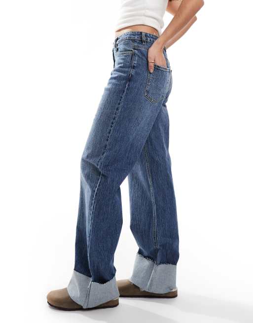 Pieces Sally wide leg jeans with turn up in medium blue denim ASOS