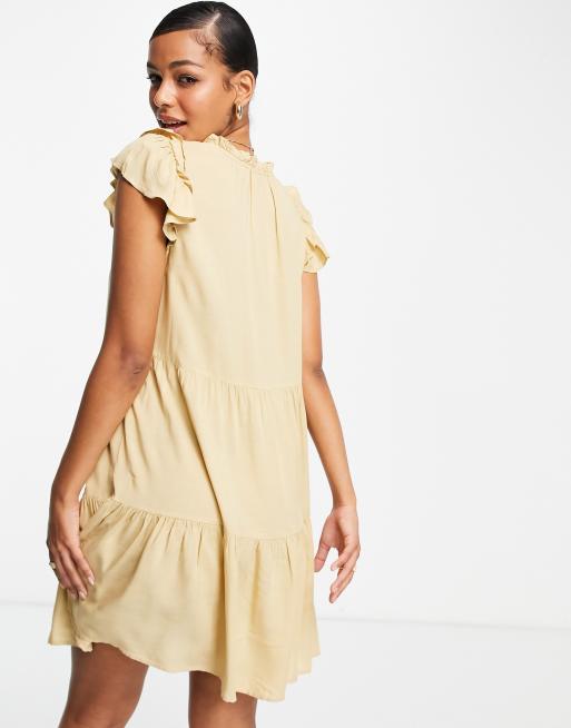 Pieces - Sandfarvet mini-smock-kjole med flæser og bindebånd i halsen, 2 af 4