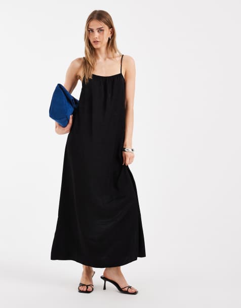 Pieces - Satijnen maxi cami-jurk in zwart - view 1